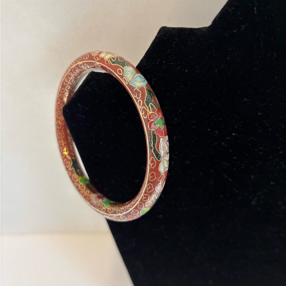Cloisonne Bracelet VTG Floral Cinnamon Colored 2.5” Opening Heavy Weighted